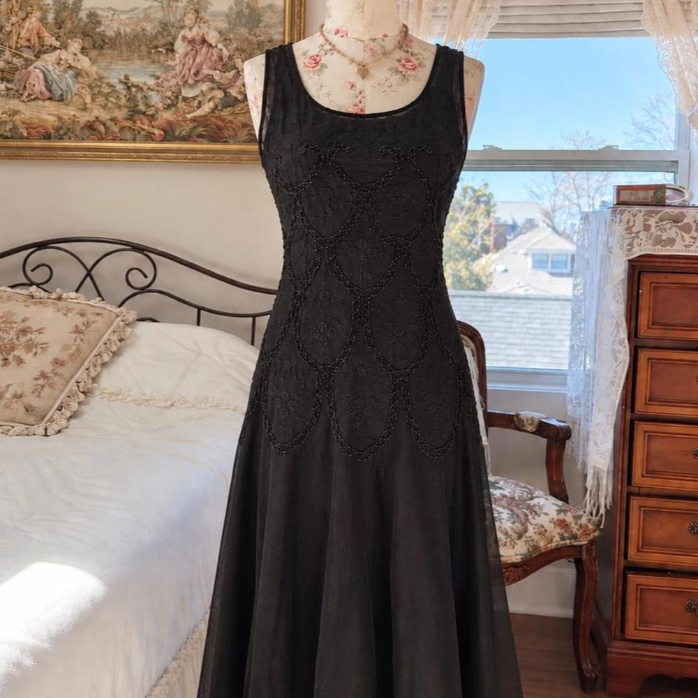 Beaded Black midi Dress Y2K Nostalgia black beaded floral dress size medium